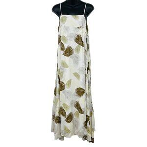 Millibon Women Dress Size Large L Midi Shift White Green Palm Leaf Tropical EUC